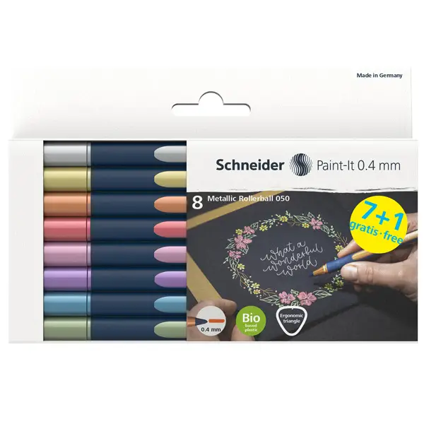 1x Astuccio 8 Metallic Roller 050 punta 0.4mm colori assortiti Schneider