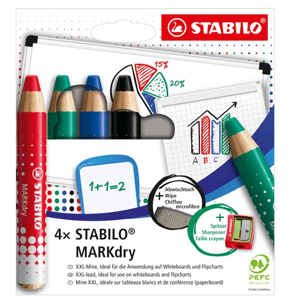 1x Astuccio 4 matitoni per lavagne STABILO MARKdry + temperino + panno microfibra