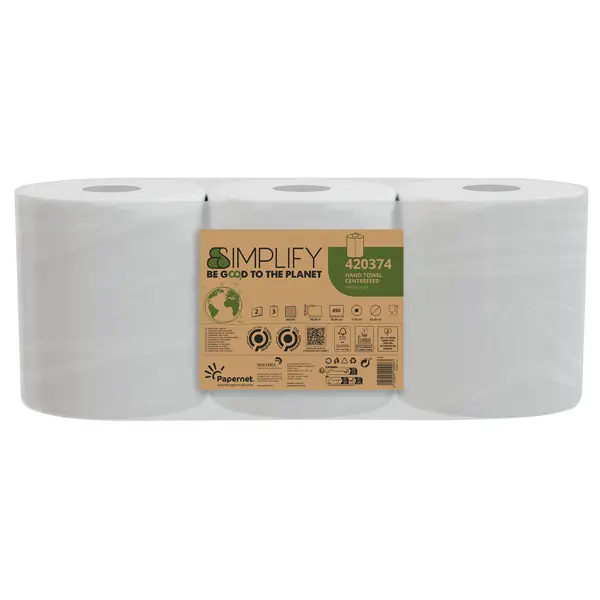 3x Asciugamano in rotolo 450 strappi Centrefeed L90m x D18,5cm SIMPLIFY Papernet
