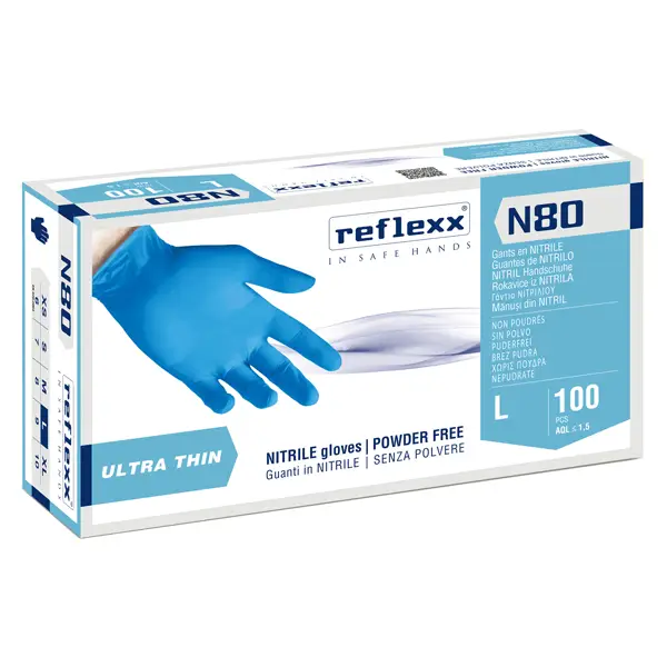 1x Conf 100 Guanti in nitrile ultrasottili N80B taglia L azzurro Reflexx