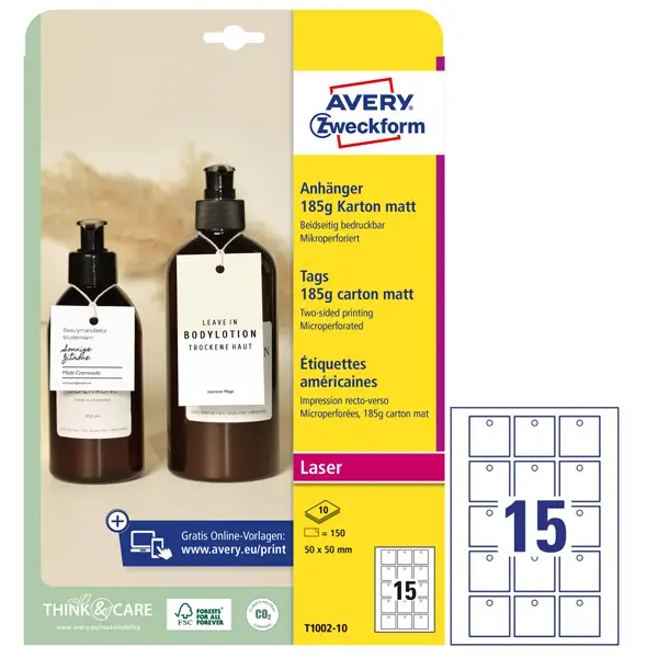 1x Cartellini micro-perforato stampabili bianchi 80x50mm 10fg (15 cart/fg) Avery