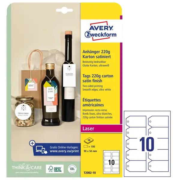 1x Cartellini stampabili bordi tagliati lisci 90x50mm 10fg(10cart/fg) bianco Avery