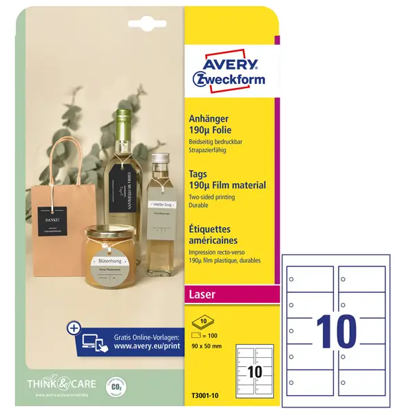 1x Cartellini stampabili resistenti 190mic 90x50mm 10fg(10cart/fg) bianco Avery