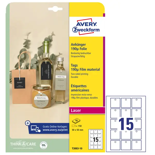 1x Cartellini stampabili resistenti 190mic 50x50mm 10fg(15cart/fg) bianco Avery