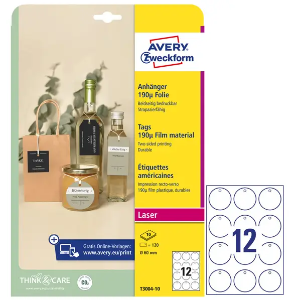 1x Cartellini stampabili resistenti 190mic D60mm 10fg(12cart/fg) bianco Avery