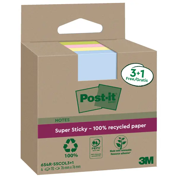 1x Cf. 3+1pz blocco 70fg Post-itRSuperSticky Green 76x76mm 654R-SSCOL3+1 pastello