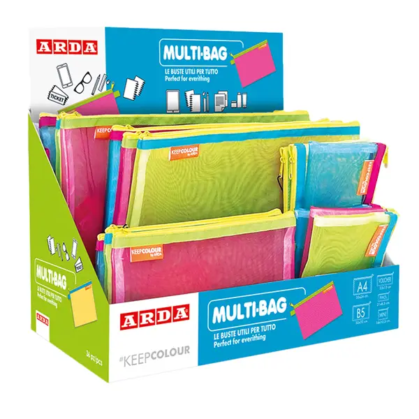 1x Display 36 buste in retina c/zip 5 formati assortiti colori fluo Arda