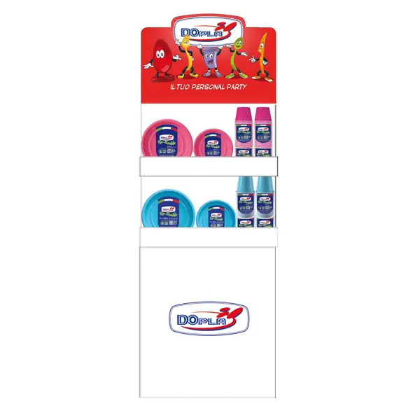 1x Espositore da terra Mini con piatti e bicchieri Reuse fucsia e turchese Dopla
