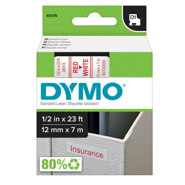 1x NASTRO DYMO TIPO D1 (12MMX7M) ROSSO/BIANCO 450150