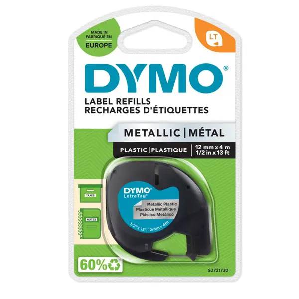 1x NASTRO METALLICO DYMO LETRATAG 12MMX4M ARGENTO 912080