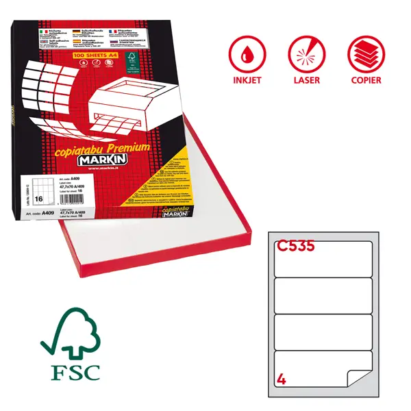 1x Etichetta adesiva C/535 bianca 100fg A4 190x61mm c/angoli arrot. (4et/fg) Markin