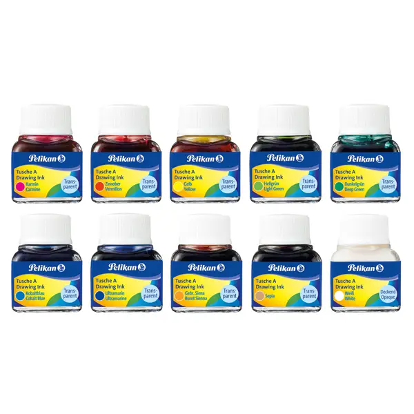 10x INCHIOSTRO DI CHINA 523 COLORI ASSORTITI 10ML PELIKAN