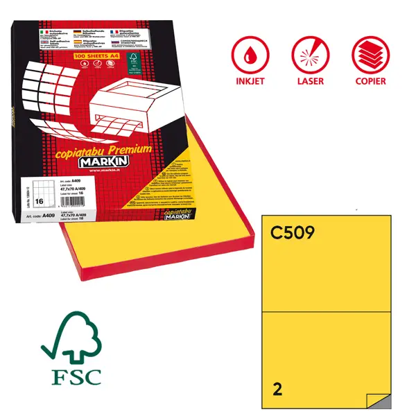 1x Etichetta adesiva C/509 giallo 100fg A4 210x148,5mm (2et/fg) Markin