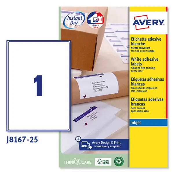1x Etichetta adesiva J8167 bianca 25fg A4 199,6x289,1 (1et/fg) inkjet Avery
