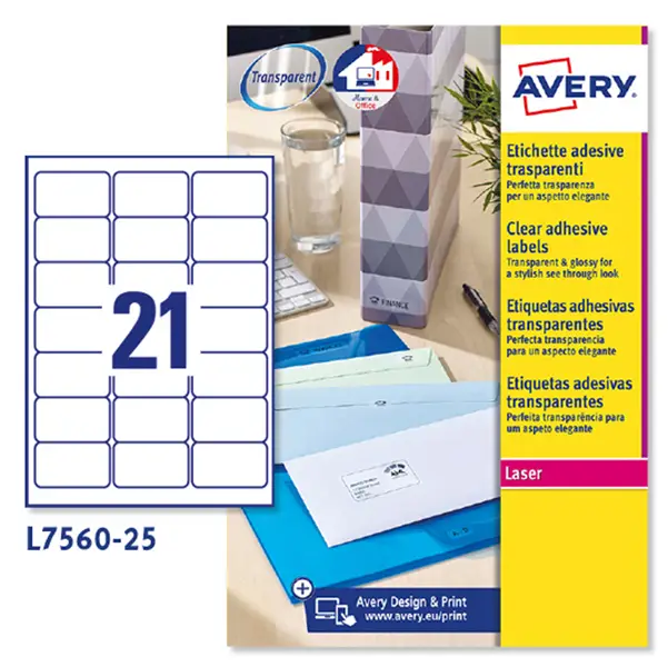 1x Poliestere adesivo L7560 trasparente 25fg A4 63,5x38,1mm (21et/fg) laser Avery