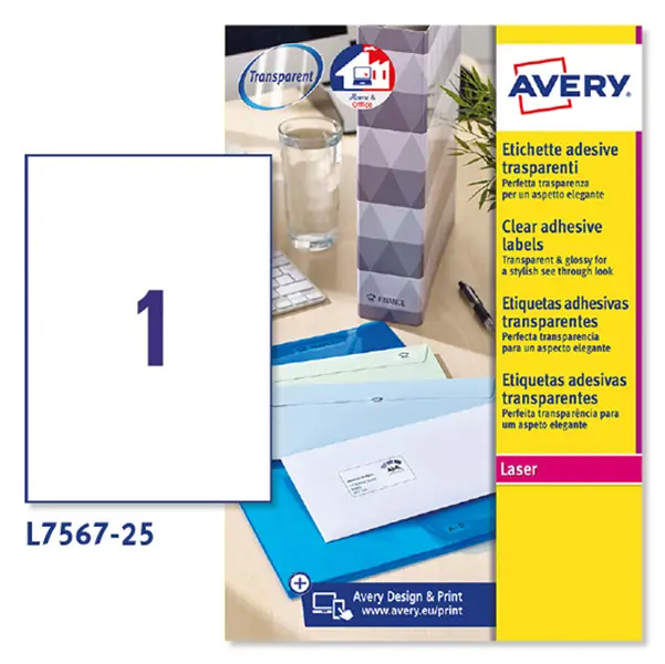 1x Poliestere adesivo L7567 trasparente 25fg A4 210x297mm (1et/fg) laser Avery