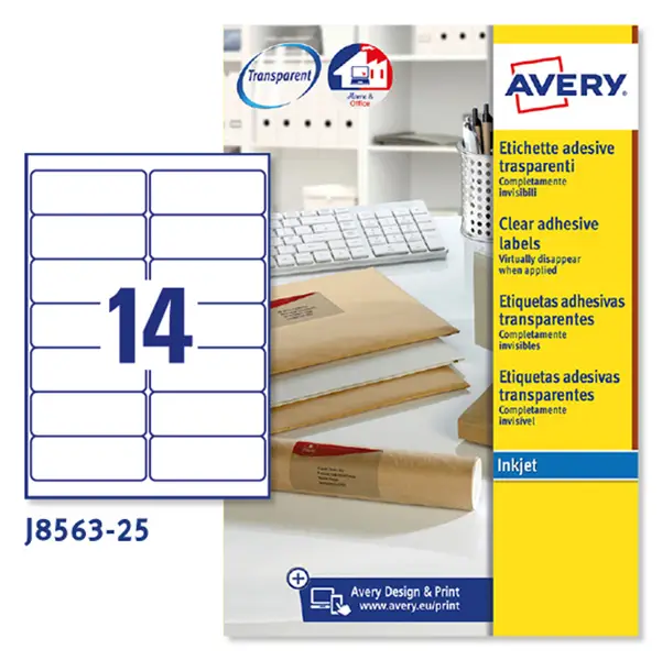 1x Poliestere adesivo J8563 trasparente 25fg A4 99,1X38,1 (14et/fg) Inkjet Avery