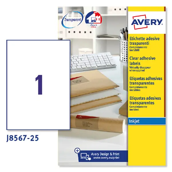 1x Poliestere adesivo J8567 trasparente 25fg A4 210x297mm (1et/fg) inkjet Avery