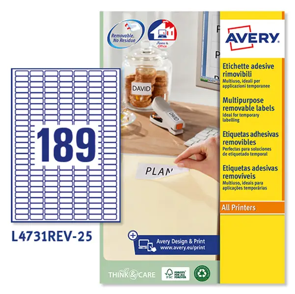 1x Etichetta adesiva L4731REV bianca rimovibili 25fg A4 25,4x10mm (189et/fg) laser