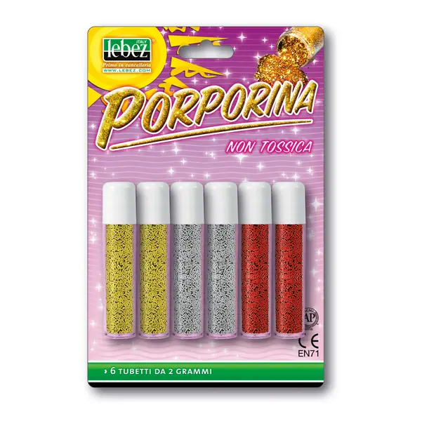 1x BUSTA 6 TUBI PORPORINA GLITTER ASSORTITO 2GR LEBEZ