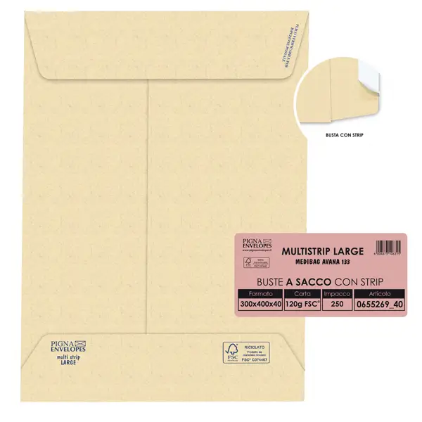 1x 250 buste sacco MULTI STRIP LARGE avana carta ric. 300x400x40mm 120gr Pigna Enve