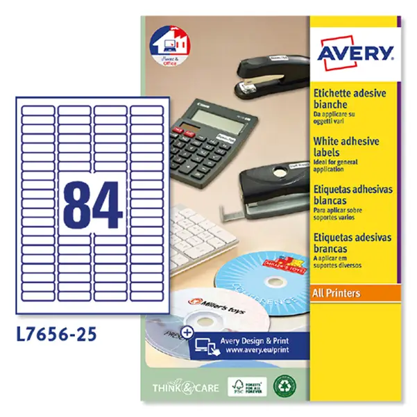 1x Etichette adesive L7656 bianche 25fg A4 46x11,1mm (84et/fg) inkjet/laser Avery