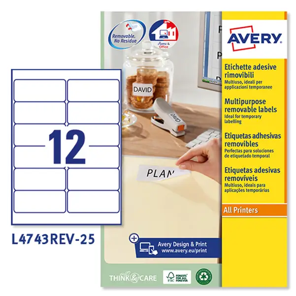 1x Etichetta adesiva L4743REV bianca rimovibili 25fg A4 99,1x42,3mm (12et/fg) laser