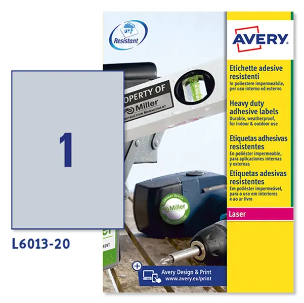 1x Poliestere adesivo L6013 argento 20fg A4 210x297mm (1et/fg) laser Avery