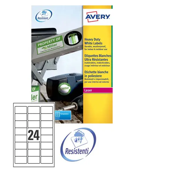 1x Poliestere adesivo L4773 bianco 20fg A4 63,5x33,9mm (24et/fg) laser Avery