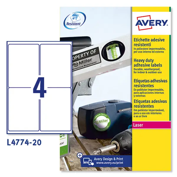 1x Poliestere adesivo L4774 bianco 20fg A4 99,1x139mm (4et/fg) laser Avery