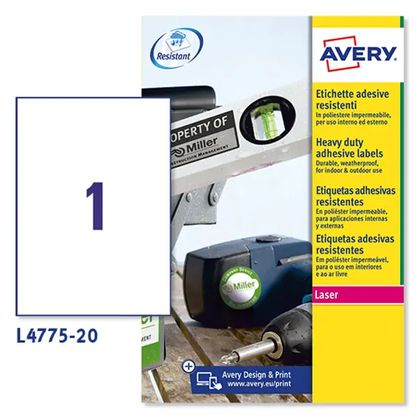 1x Poliestere adesivo L4775 bianco 20fg A4 210x297mm (1et/fg) laser Avery