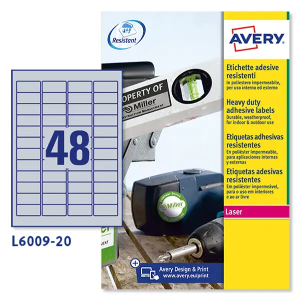 1x Poliestere adesivo L6009 argento 20fg A4 45,7x21,2mm (48et/fg) laser Avery