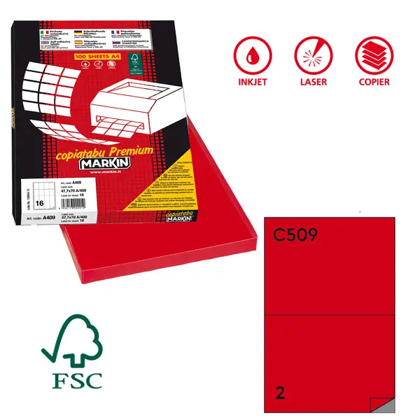 1x Etichetta adesiva C/509 rosso 100fg A4 210x148,5mm (2et/fg) Markin