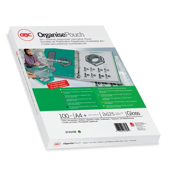 1x Scatola 100 pouches 2x125mic 228x303mm A4+ pre-forata Organise GBC
