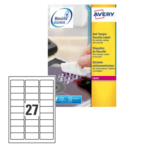 1x Poliestere adesivo L6114 bianco antim. 20fg A4 63,5x29,6mm (27et/fg) laser Avery
