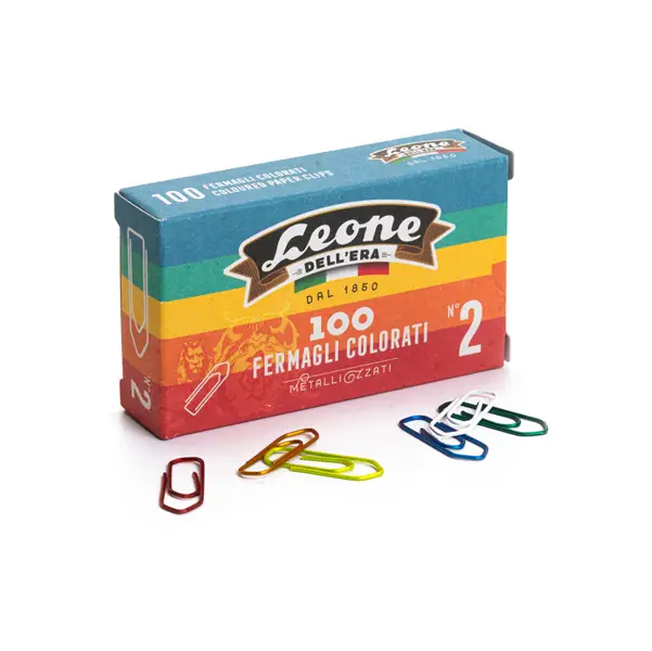 10x SCATOLA 100 FERMAGLI COLORATI E METALLIZZATI N.2 MM26 LEONE COLOR