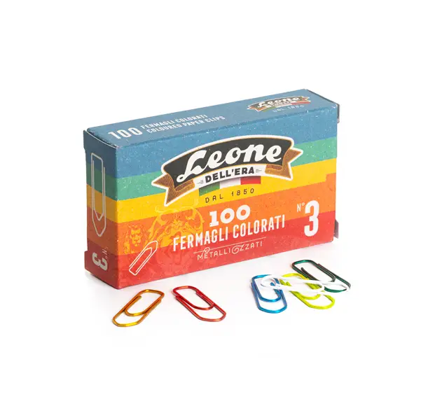 10x SCATOLA 100 FERMAGLI COLORATI E METALLIZZATI N.3 MM28 LEONE COLOR