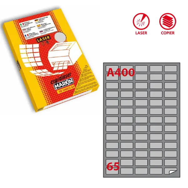 1x Etichetta adesiva A/400 argento 100fg A4 laser 38,1x21,2mm (65et/fg) Markin