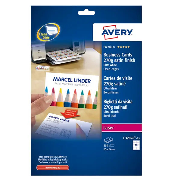 1x 250 BIGLIETTI VISITA 85x54mm LASER 270gr fronte/retro QuickClean AVERY