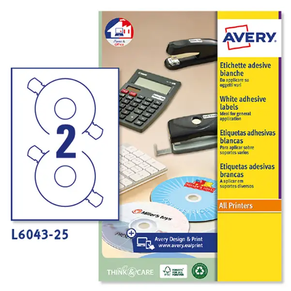 1x Etichetta adesiva L6043 bianca CD/DVD 25fg A4 D117 foroD41mm (2et/fg) laser
