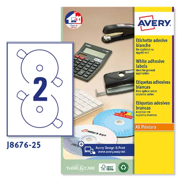 1x Etichetta adesiva J8676 bianca opaca CD/DVD 25fg A4 D117mm (2et/fg) inkjet
