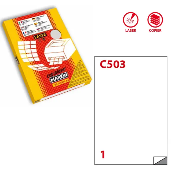 1x Poliestere adesivo C/503 bianco opaco 50fg A4 210x297mm (1et/fg) laser Markin