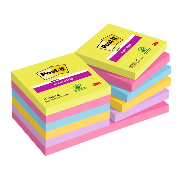 12x BLOCCO 90foglietti Post-itR Super Sticky 76x76mm ULTRACOLOR 654-12SSUCC