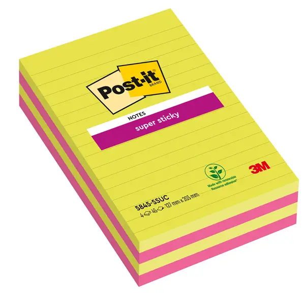 4x BLOCCO 45foglietti Post-itR Super Sticky 127x203mm righe ULTRACOLOR 5845-4SSUC
