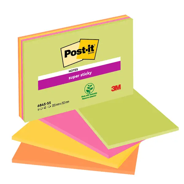 4x BLOCCO 45foglietti Post-itR Super Sticky 203x152mm MEETING NOTE NEON 6845-SSP