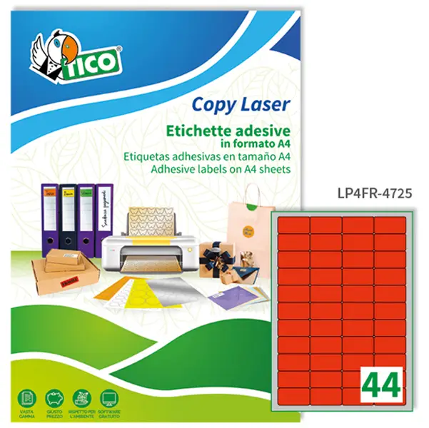 1x Etichetta adesiva LP4F rosso fluo 70fg A4 47,5x25,5mm (44et/fg) Tico