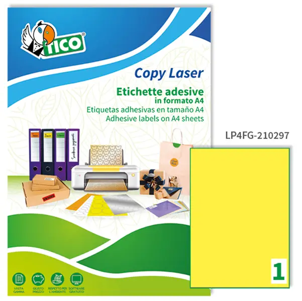 1x Etichetta adesiva LP4F giallo fluo 70fg A4 210x297mm (1et/fg) Tico