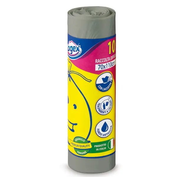 1x 10 SACCHI IMMONDIZIA 70X110CM 120LT HD 16mic GRIGIO LOGEX