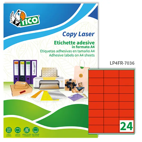 1x Etichetta adesiva LP4F rosso fluo 70fg A4 70x36mm (24et/fg) Tico