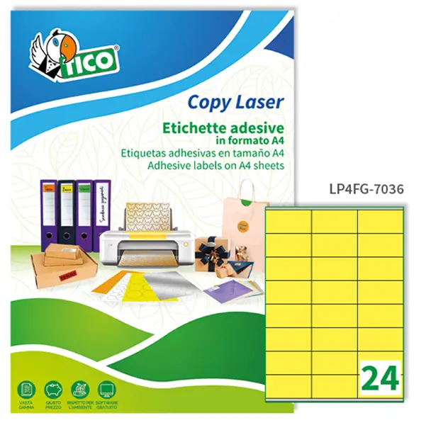 1x Etichetta adesiva LP4F giallo fluo 70fg A4 70x36mm (24et/fg) Tico
